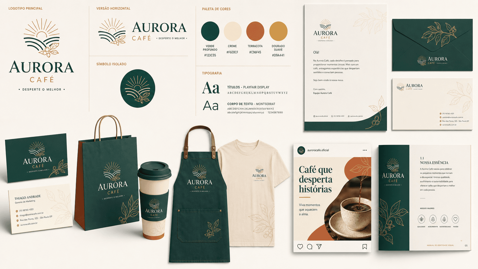 Exemplo de identidade visual completa para a marca ficticia Aurora Cafe, com logotipo, paleta, papelaria, uniforme, redes sociais e manual